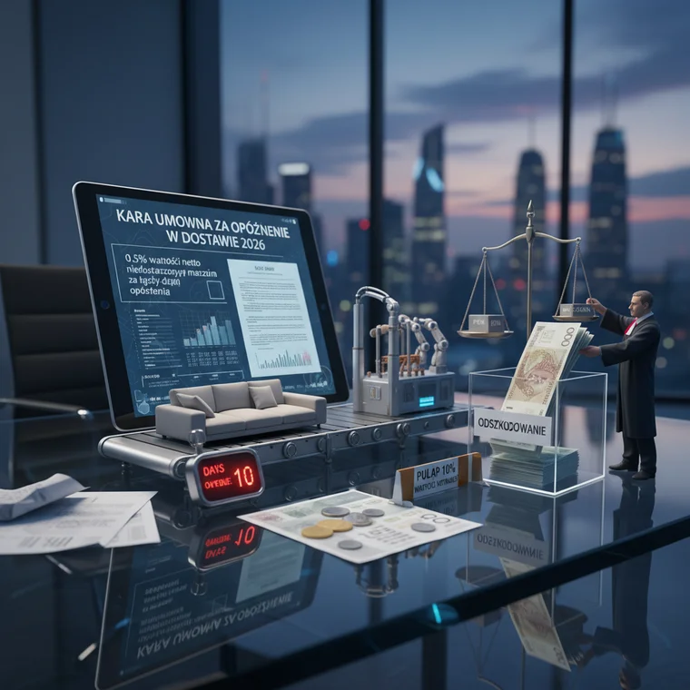 Ilustracja kalendarza i zegara pokazująca naliczanie kar umownych za każdy dzień opóźnienia w dostawie w 2026 roku