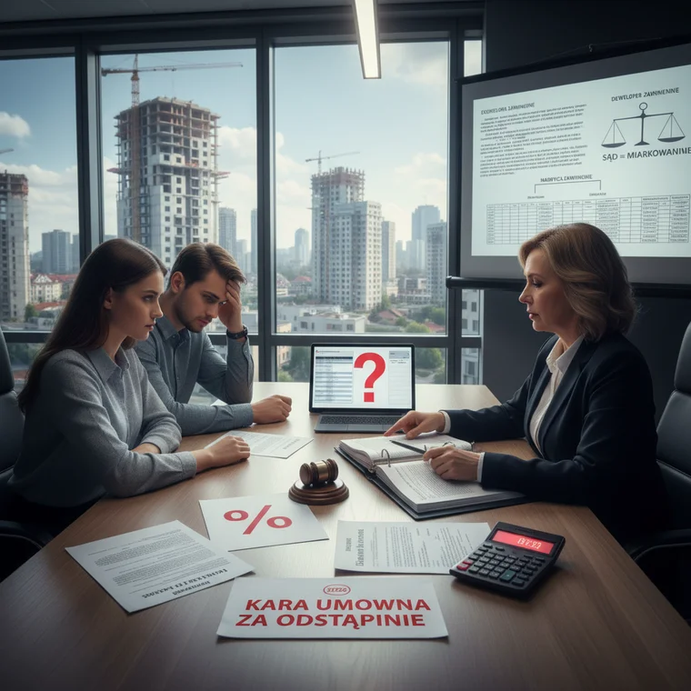 Prawnik omawiający z klientem umowę deweloperską oraz ryzyko kary umownej za odstąpienie od umowy z deweloperem