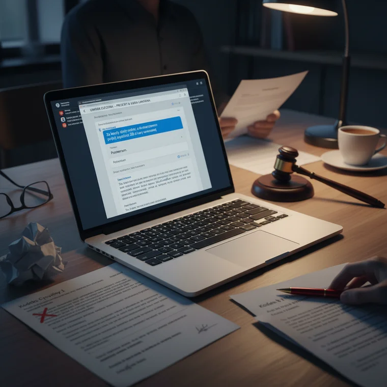 Prawnik i przedsiębiorca analizują wydruk korespondencji e-mail z klauzulą kary umownej, sprawdzając ryzyko nieważności zapisu