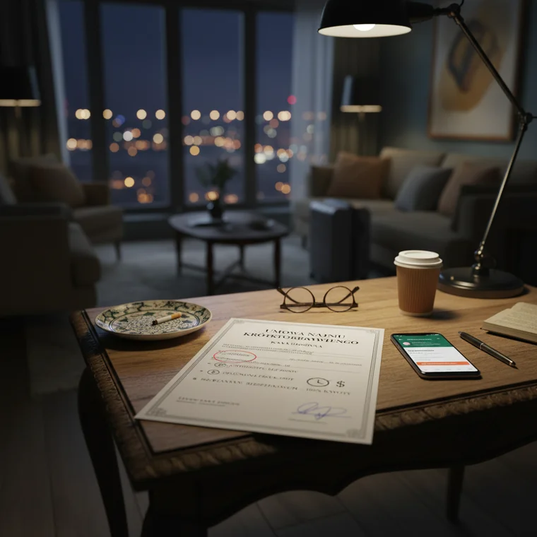 Właściciel apartamentu analizuje umowę najmu krótkoterminowego i kary umowne za rezygnację z rezerwacji oraz wcześniej zakończony pobyt