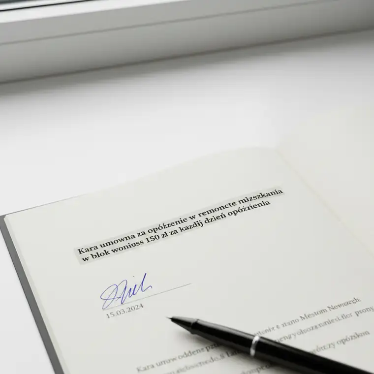 Mieszkanie w bloku w trakcie opóźnionego remontu, inwestor analizuje umowę z zapisem o karze umownej za zwłokę