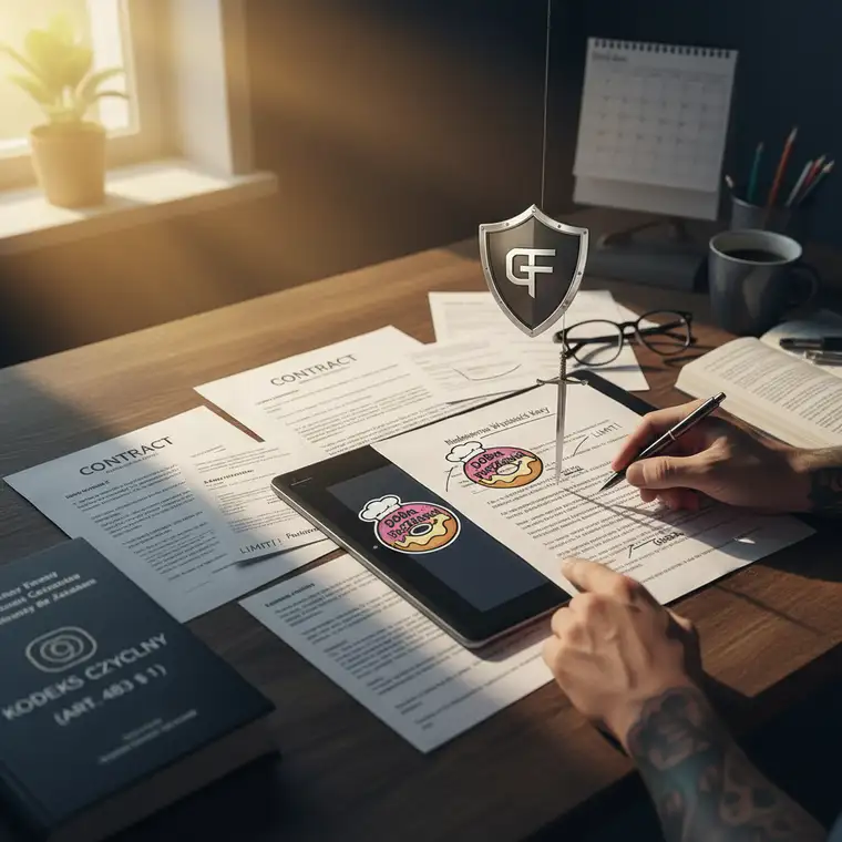 Grafik freelancer przy komputerze analizujący zapisy umowy o dzieło, kary umowne, procedury odbioru i miarkowanie kar przez sąd