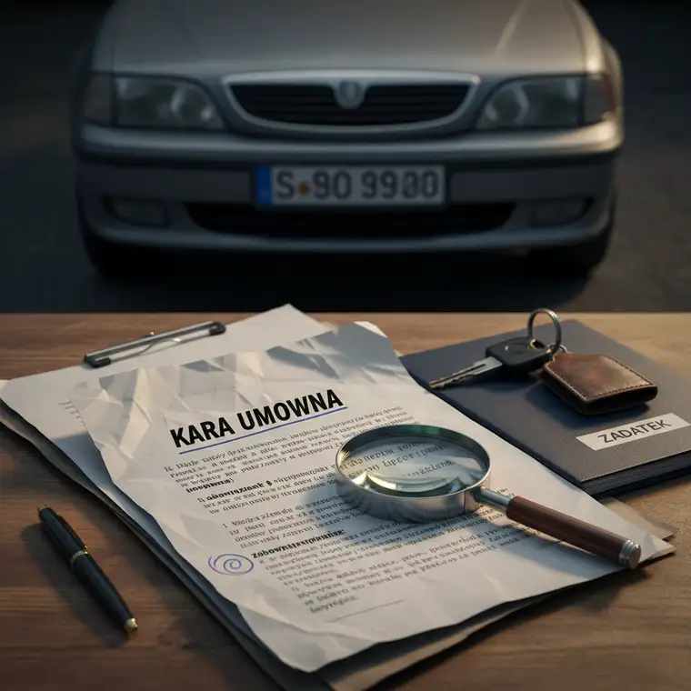 Spotkanie kupującego ze sprzedawcą samochodu używanego przy aucie, omawiających zapisy umowy o karze umownej i zadatku