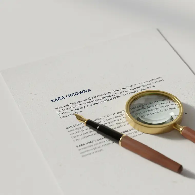 Osoba podpisująca umowę sprzedaży samochodu używanego, z zaznaczonym paragrafem o karze umownej i napiętą atmosferą negocjacji