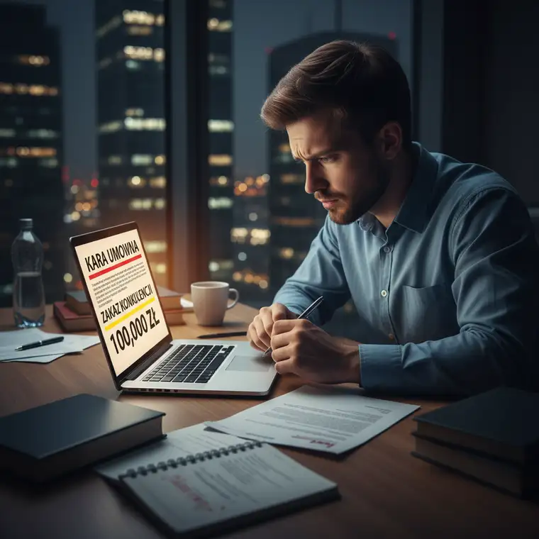 Prawnik i zleceniobiorca wspólnie analizują klauzulę zakazu konkurencji i wysokość kary umownej, przygotowując strategię miarkowania kary za zakaz konkurencji