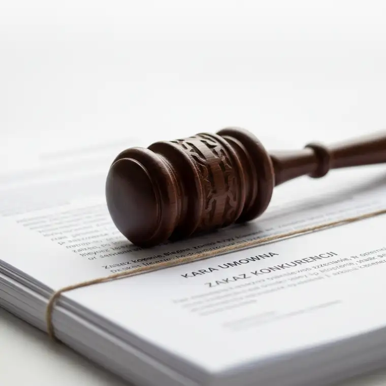 Mężczyzna analizuje umowę zlecenia z klauzulą zakazu konkurencji i wysoką karą umowną, szukając sposobu na obniżenie kary umownej za zakaz konkurencji