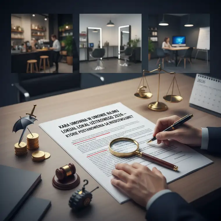 Grafika przedstawiająca wynajmującego i najemcę negocjujących zapisy o karze umownej w umowie najmu lokalu użytkowego, z naciskiem na niedozwolone postanowienia i proporcjonalność kar