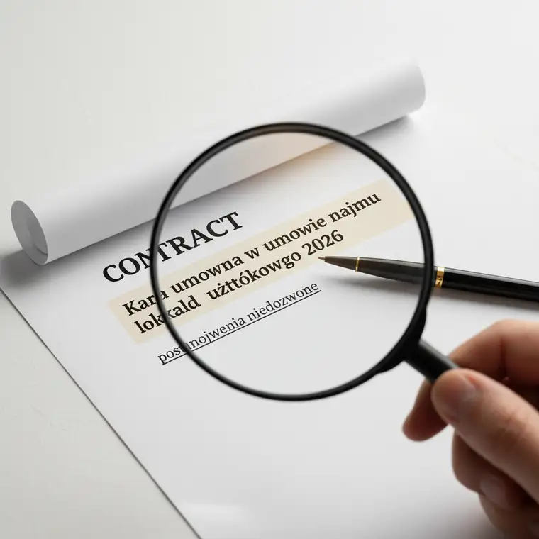 Ilustracja przedsiębiorcy analizującego umowę najmu lokalu użytkowego z klauzulą kary umownej, pokazująca ryzyka i niedozwolone postanowienia w 2026 roku