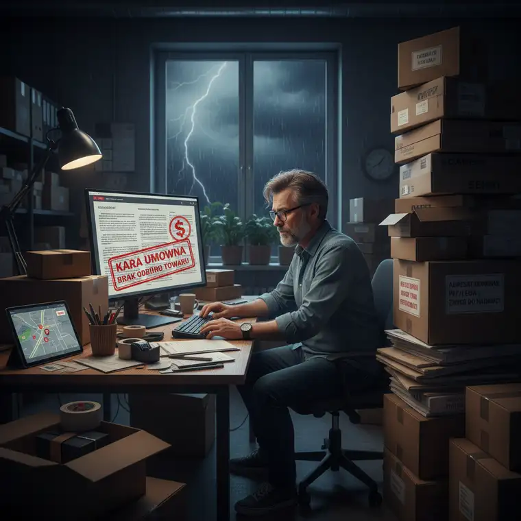Przedsiębiorca e-commerce sprawdza terminy odbioru towaru i zapisy umowy, aby uniknąć kary umownej za nieodebranie przesyłki od dostawcy