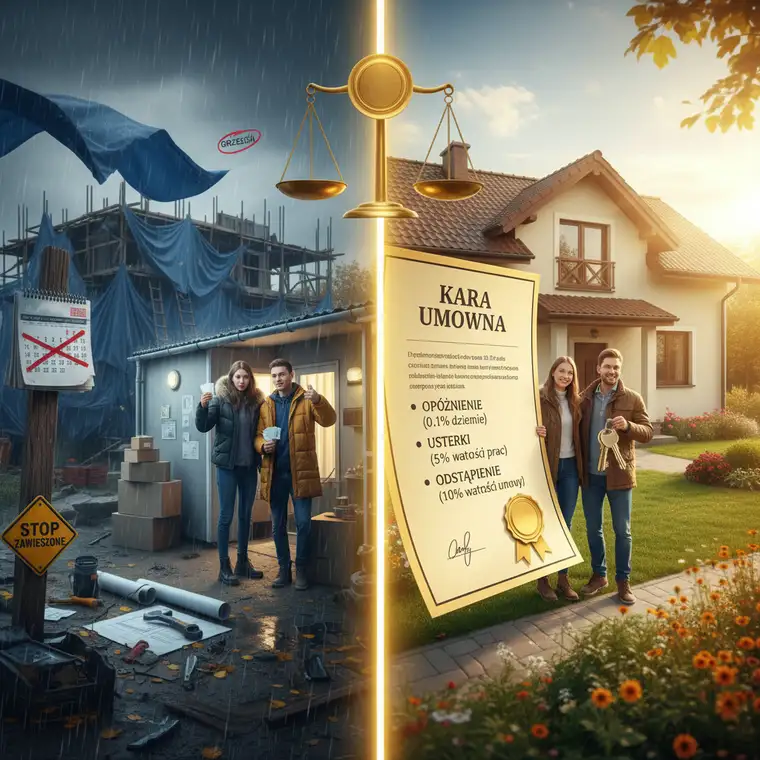 Inwestor analizujący harmonogram budowy domu jednorodzinnego z wykonawcą, omawiający stawki kary umownej za opóźnienie robót