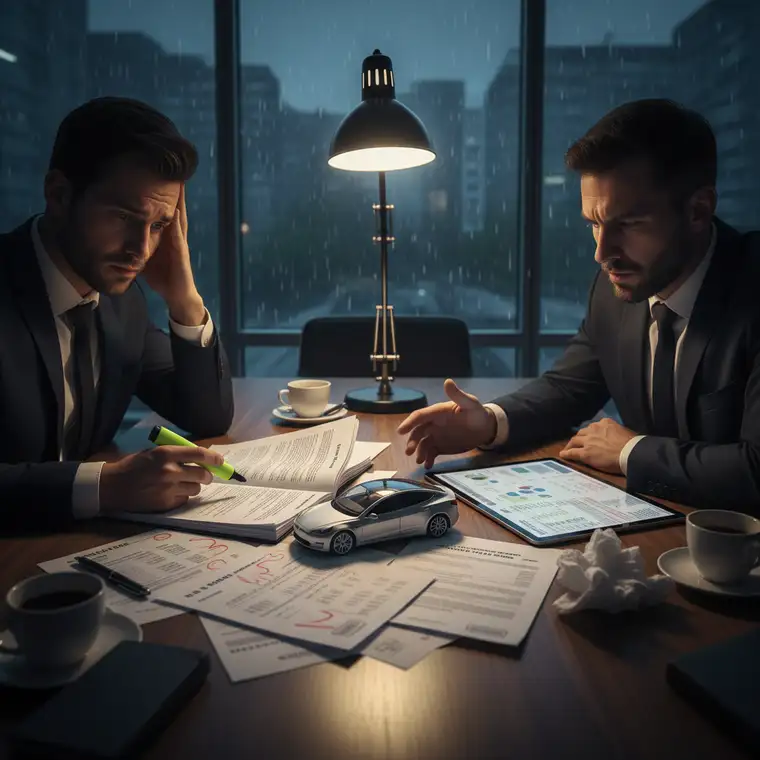 Negocjacje z firmą leasingową przy biurku, omawianie warunków wcześniejszego rozwiązania umowy leasingu auta oraz możliwości obniżenia kary umownej