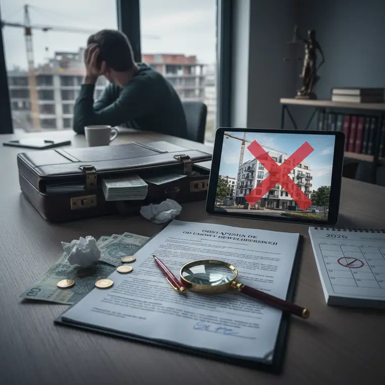 Prawnik tłumaczy klientowi przy biurku zasady odstąpienia od umowy deweloperskiej i możliwości zwrotu pieniędzy na podstawie przepisów obowiązujących w 2026 roku