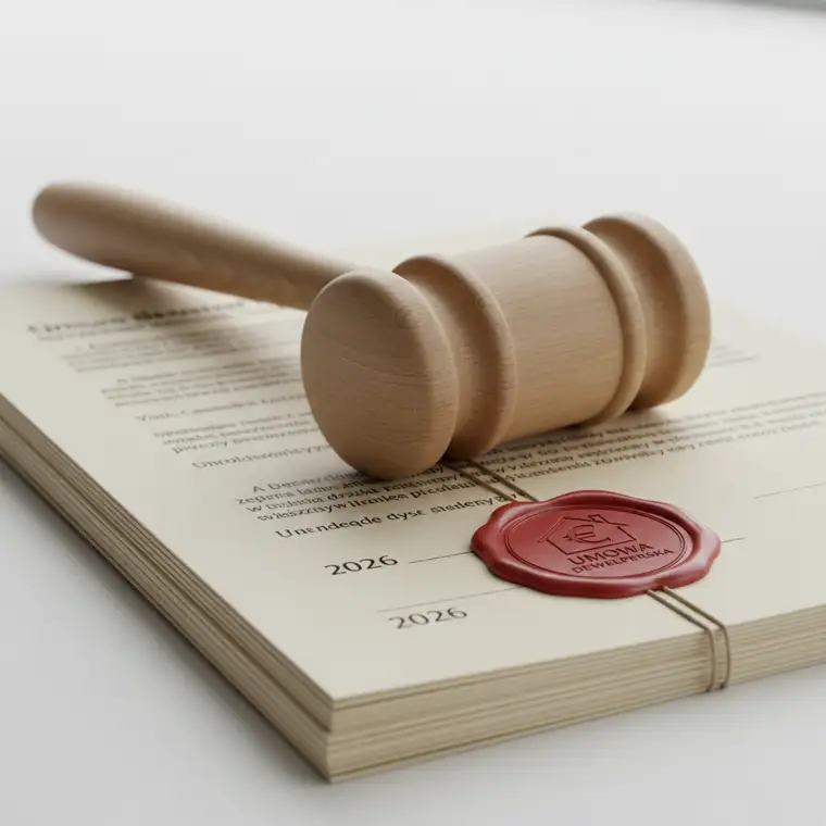 Młoda para analizuje umowę deweloperską przy stole, omawiając odstąpienie od umowy deweloperskiej w 2026 roku i możliwości uzyskania pełnego zwrotu wpłaty