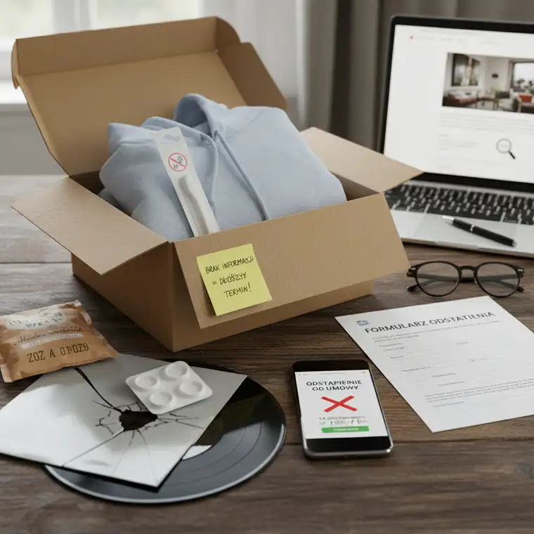 Konsument sprawdzający informacje o wydłużonym terminie odstąpienia od umowy zawartej przez internet na ekranie laptopa