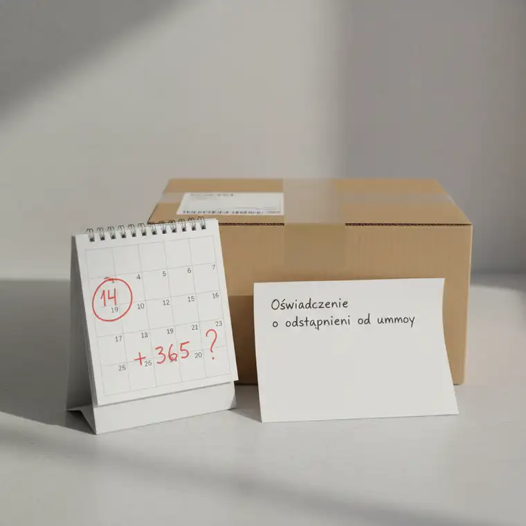 Konsument analizujący prawo odstąpienia od umowy zawartej przez internet w 14 dni na tle paczek z e‑sklepu, symbol bezpieczeństwa zakupów online