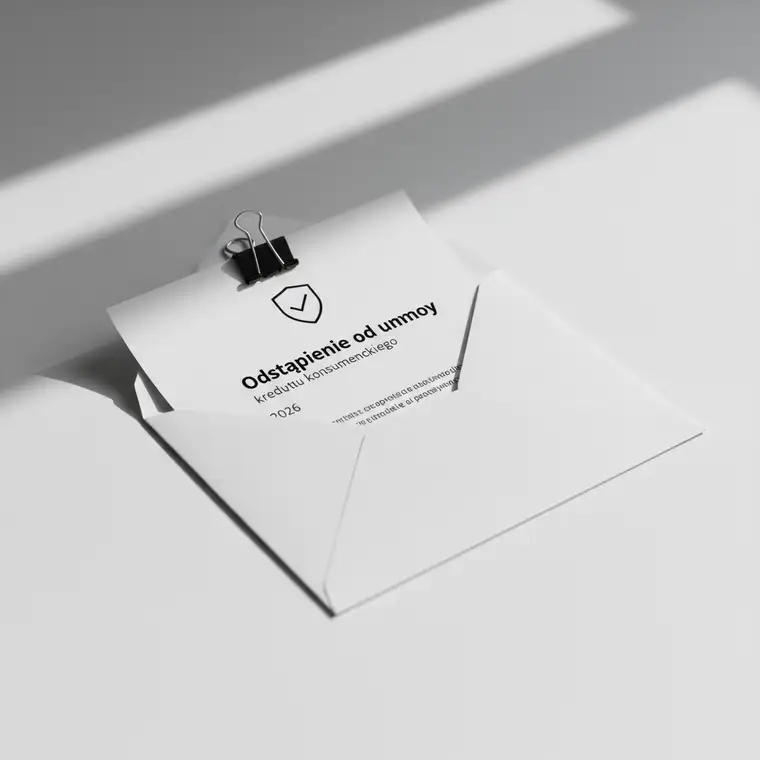 Mężczyzna analizujący umowę kredytu konsumenckiego przy biurku, rozważający odstąpienie od umowy i zwrot kosztów przez bank w 2026 roku