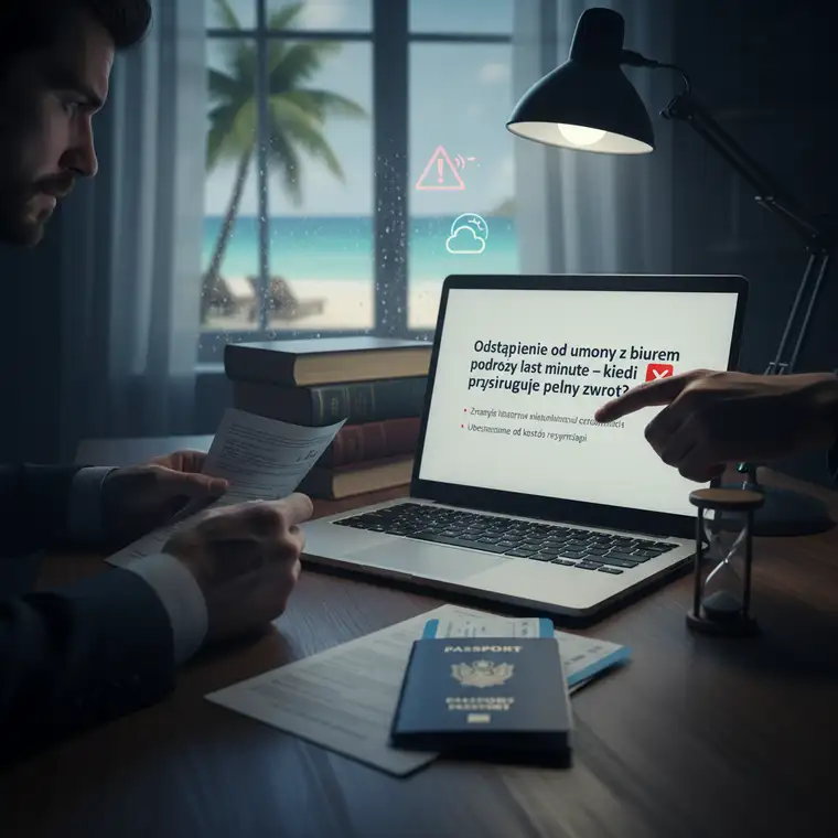 Turysta w hotelowym lobby rozmawiający z rezydentem o zmianach w umowie last minute i możliwościach odstąpienia z pełnym zwrotem kosztów