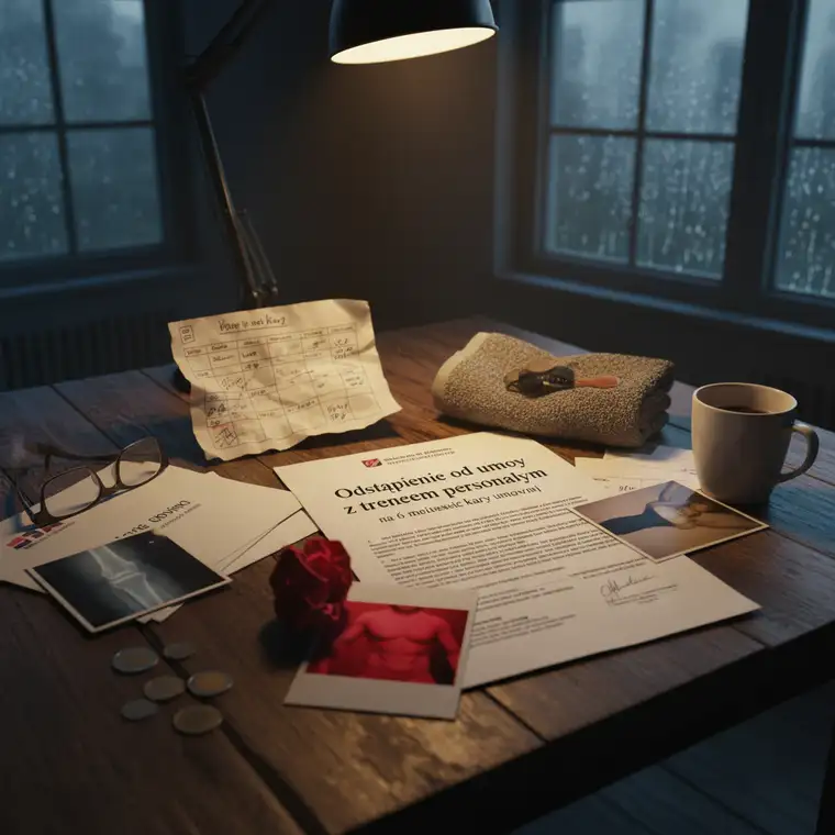 Trener personalny i klient podczas rozmowy przy biurku, negocjujący odstąpienie od umowy na 6 miesięcy i zmniejszenie kary