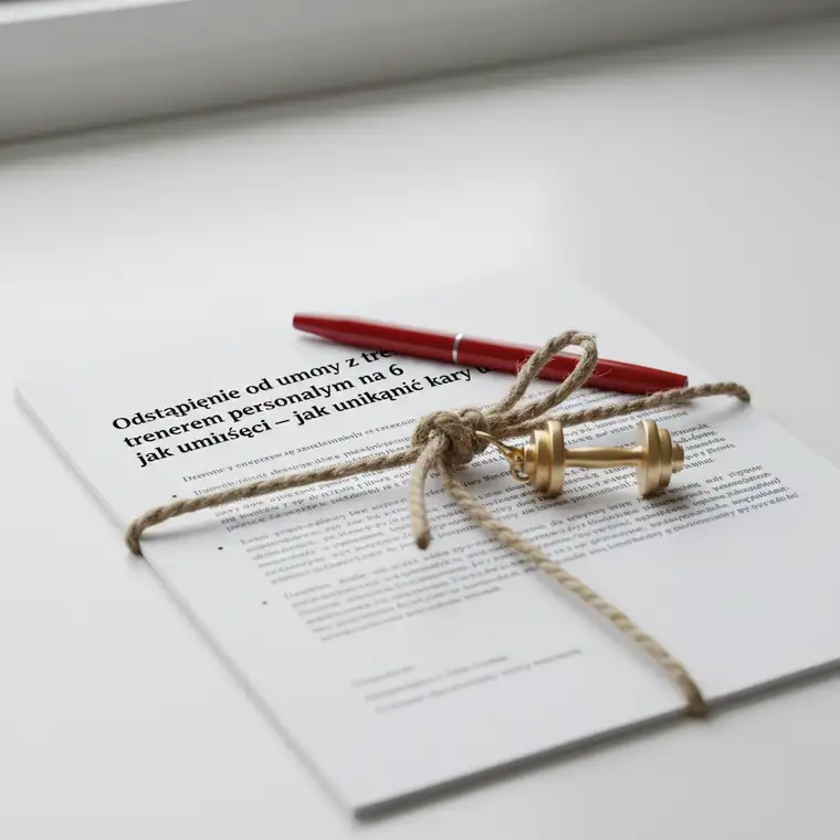 Klient analizujący umowę z trenerem personalnym, zastanawiający się nad odstąpieniem od umowy na 6 miesięcy i uniknięciem kary umownej