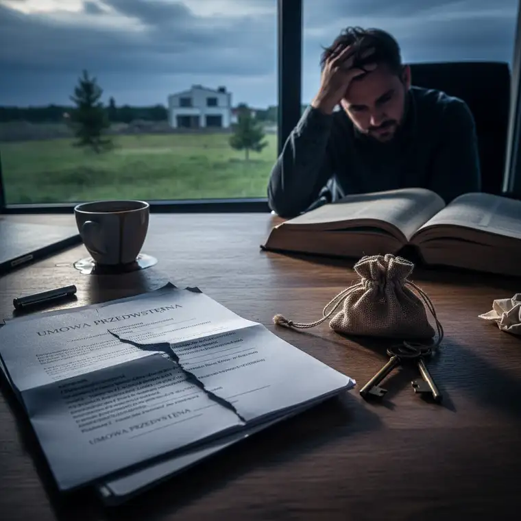 Sprzedający działkę analizuje zapisy o zadatku, zaliczce i karach umownych w umowie przedwstępnej z prawnikiem przy biurku