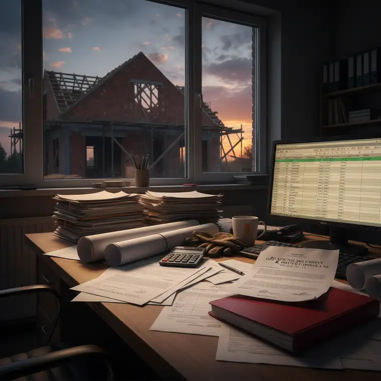 Inwestor i wykonawca omawiają na budowie rozliczenie robót po odstąpieniu od umowy oraz możliwą dopłatę wynagrodzenia