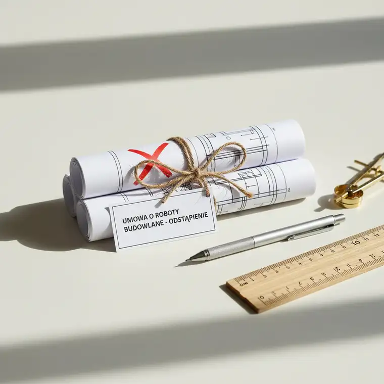 Wykonawca na placu budowy analizuje dokumentację umowy o roboty budowlane, zastanawiając się nad dopłatą po odstąpieniu przez inwestora