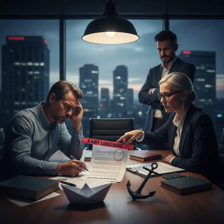 Prawnik i franczyzobiorca omawiają zapisy umowy, kary umowne i możliwości odstąpienia od umowy franczyzy po okresie próbnym