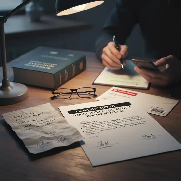 Kobieta wysyłająca list polecony z potwierdzeniem odbioru jako oświadczenie o odstąpieniu od umowy pożyczki prywatnej spisanej na kartce