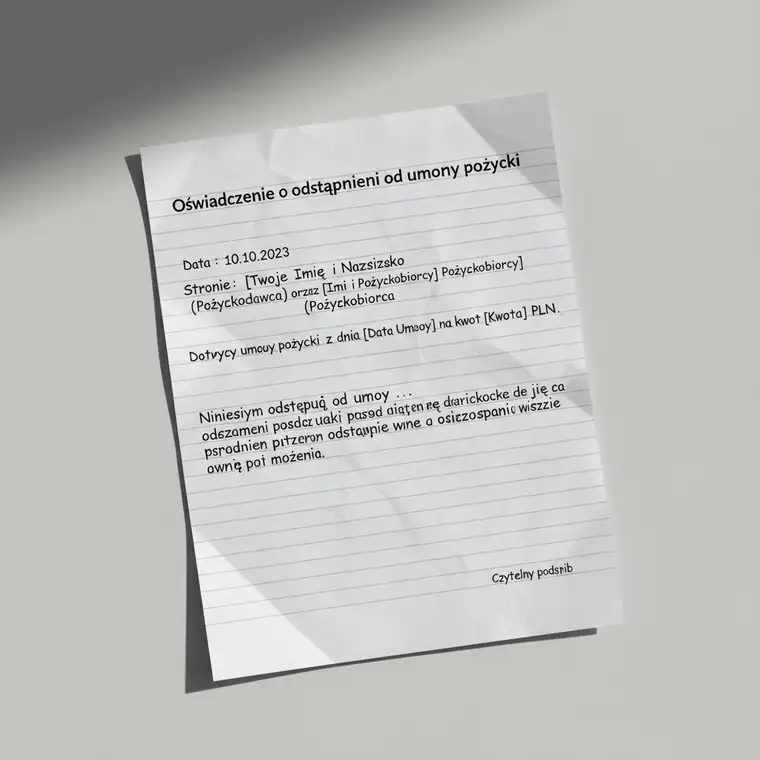 Osoba analizująca umowę pożyczki spisaną na kartce, zastanawiająca się nad odstąpieniem od umowy pożyczki prywatnej i skutkami prawnymi takiej decyzji