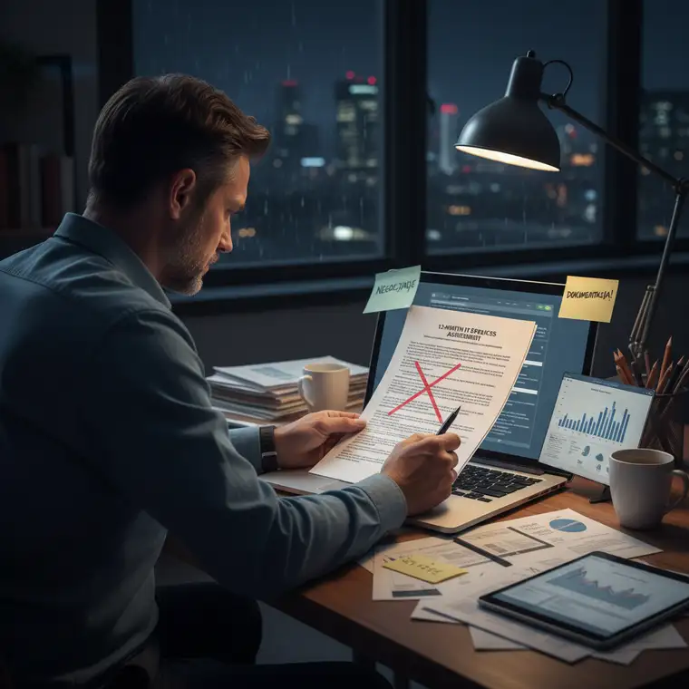 Zespół IT i przedsiębiorca przeglądają dokumentację SLA i zgłoszeń serwisowych, analizując przesłanki do odstąpienia od umowy serwisowej IT