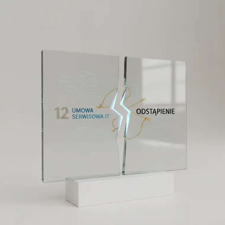 Dwóch przedsiębiorców analizuje umowę serwisową IT na 12 miesięcy przy biurku, rozważając bezpieczne odstąpienie od kontraktu z dostawcą usług informatycznych