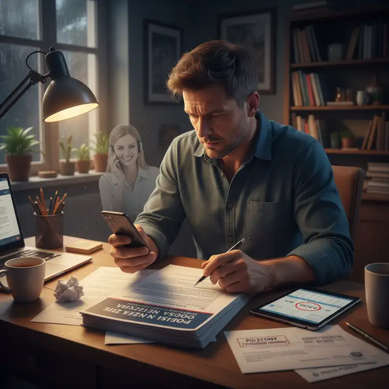 Mężczyzna wypełniający pisemne oświadczenie o odstąpieniu od polisy na życie zawartej telefonicznie w ustawowym terminie 30 dni