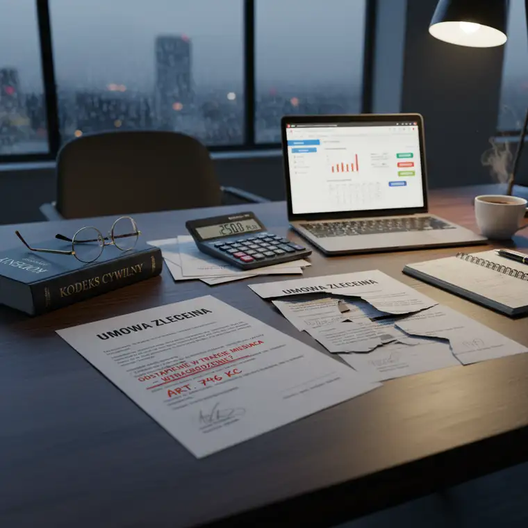 Spotkanie biznesowe przy umowie zlecenia, omawiane są zapisy dotyczące wynagrodzenia i wypowiedzenia umowy w trakcie miesiąca