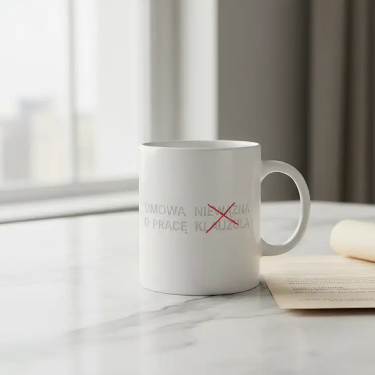 Dwóch pracowników przy biurku analizuje umowę o pracę i klauzulę odstąpienia przed rozpoczęciem pracy, omawiając zgodność z kodeksem pracy