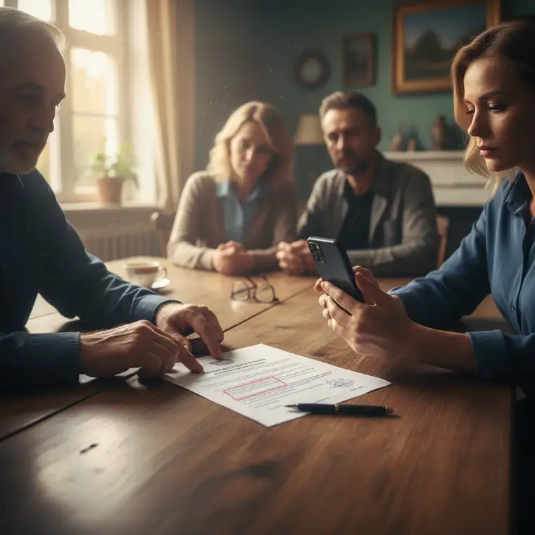 Rodzina przy stole analizuje zapisy umowy pożyczki z karą umowną, dbając o bezpieczeństwo i uniknięcie sporów