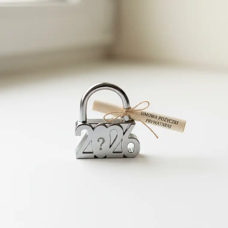 Dwójka osób analizuje umowę pożyczki prywatnej przy biurku, dyskutując o karze umownej za wcześniejszą spłatę długu w 2026 roku