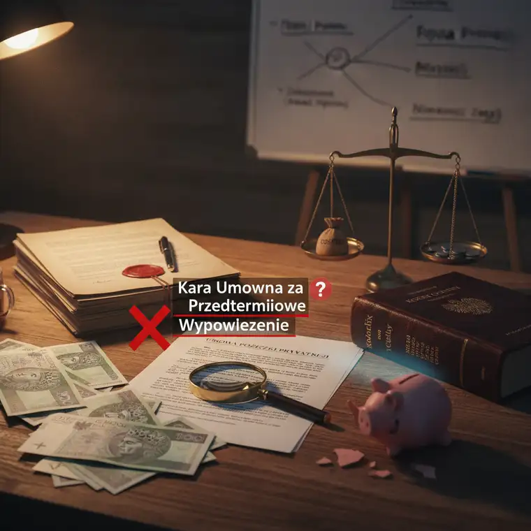 Fragment umowy pożyczki z wyróżnioną klauzulą kary umownej, prawnik analizuje zapisy o wypowiedzeniu pożyczki prywatnej przed terminem