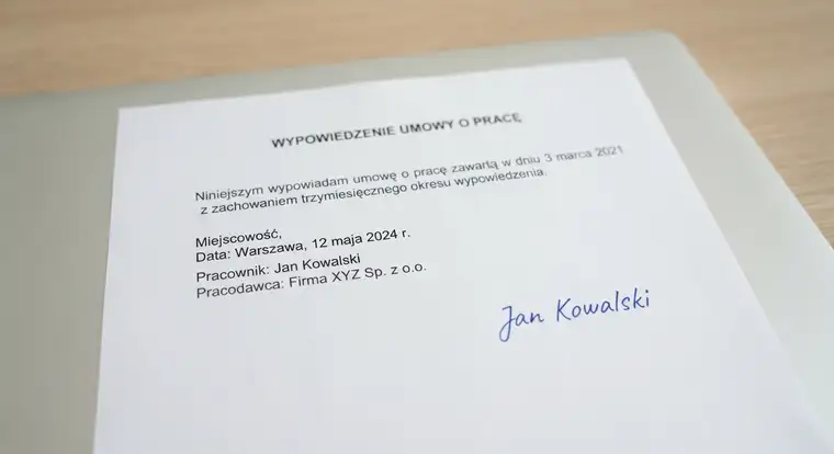 Wypowiedzenie umowy o pracę krok po kroku: dokument z odręcznym podpisem, kopią i potwierdzeniem doręczenia na biurku