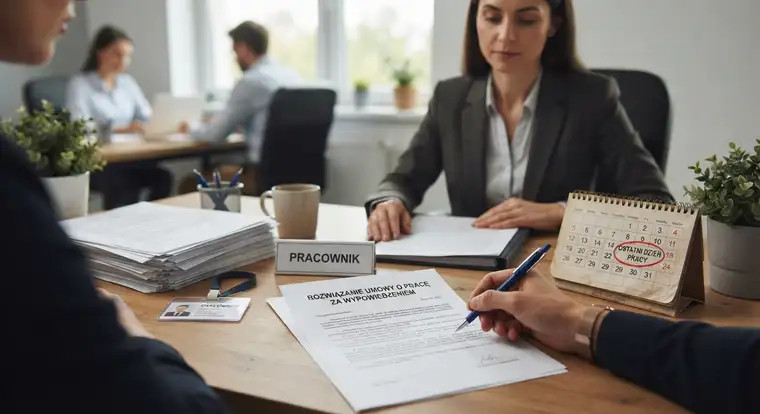 Kalendarz i dokumenty kadrowe pokazujące, jak liczyć okres wypowiedzenia umowy o pracę i staż u pracodawcy